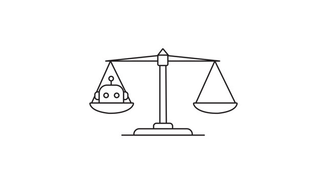 AI Ethics and Regulation Concept: A Minimalist Black Line Vector Icon and Illustration of a Balance Scale with a Robot Head, Representing Artificial Intelligence Law and Bias, Editable Stroke.