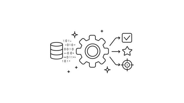 Feature Engineering and Data Processing Minimalist Black Line Vector Icon on White Background. Gear Transforming Binary Data into Results. Scalable Illustration with Editable Stroke.
