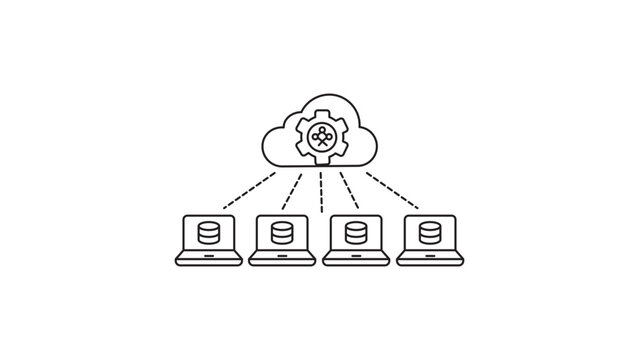 Federated Learning Minimalist Black Line Vector Icon on White Background. Distributed Machine Learning Illustration with Cloud, Gear, and Laptops with Databases. Editable Stroke Vector.