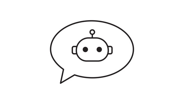 AI Chatbot Assistant Icon, Minimalist Black Line Vector Illustration of a Robot Head Inside a Speech Bubble, Editable Stroke for Customizable Line Weight, Isolated on White Background.