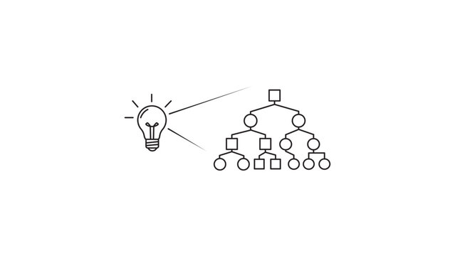 Explainable AI Vector Icon with Editable Stroke. Minimalist black line illustration of a lightbulb illuminating a flowchart or decision tree, representing transparency, logic, and AI insight.