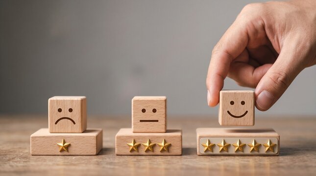 Customer Experience Journey: Hand selecting the ideal customer service rating using wooden blocks with emotive expressions, representing different feedback states in a customer experience journey.