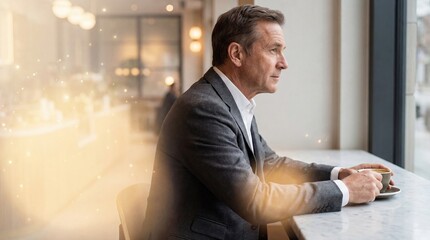 Fototapeta premium Businessman sitting at a table by a window in a modern office building interior