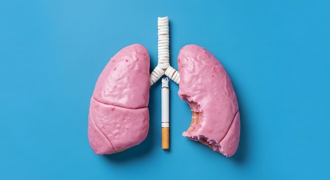 Damaged lung model with thermometer on blue background