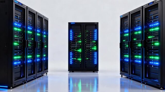 Server racks with illuminated lights in a data center