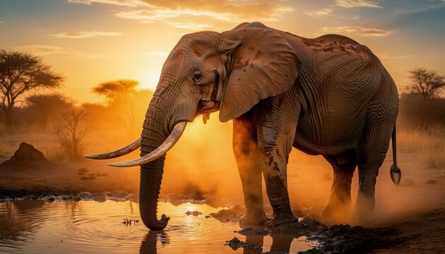 Majestic African Elephant Drinks at Waterhole During Golden Sunset