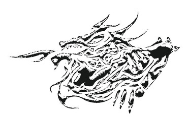 Obraz premium Dragon hand drawn grunge grain black silhouette isolated on white background. Mythical snake, chinese traditional design. Vehicle sticker and decal or tattoo template in tribal style. Vector illustrat