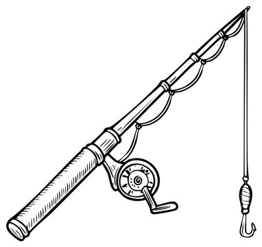 Fishing rod with reel and hook hand drawn illustration icon vector graphic