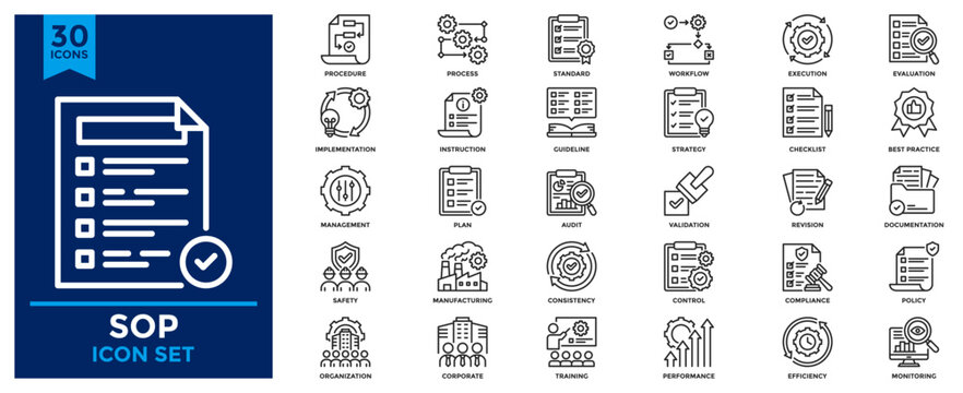 Standard Operating Procedure (SOP) icon collection. Contains icons for guidelines, implementation, instruction, management, plan, procedure, process, standard, workflow.