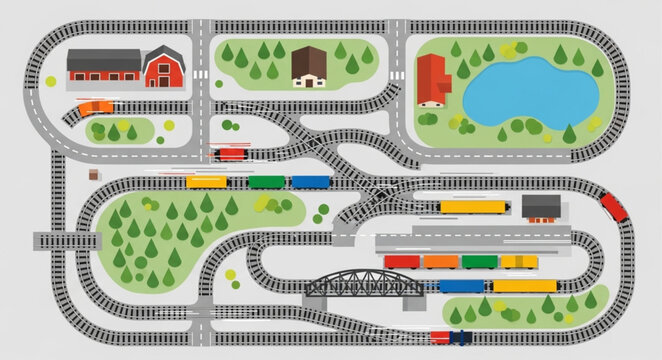 Toy Train Set Layout with Tracks Buildings and Trains.