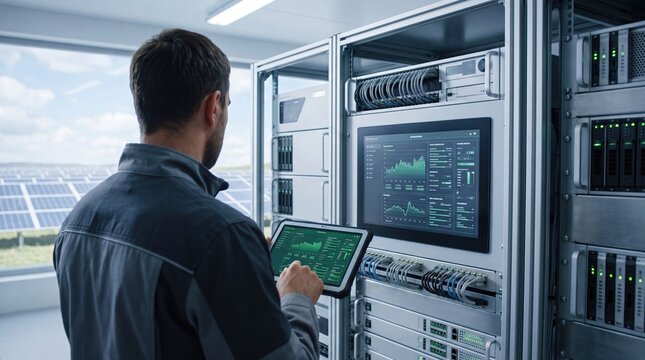 Engineer monitoring server rack performance with tablet computer in control room overlooking large outdoor solar panel farm array