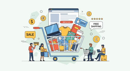 Online shopping illustration with people and goods © Rangga