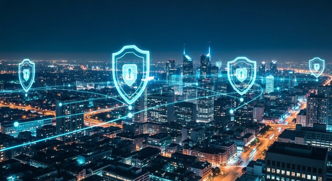 City Skyline Digital Networks High Tech Concepts, Global Urbanscapes Under Secure Data Transmission