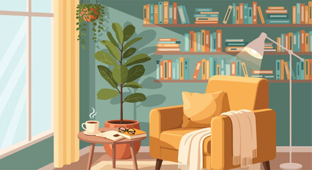Cozy reading nook with chair, plant, and bookshelves © Tolhah