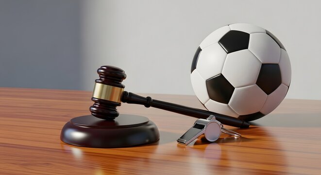 Sports justice concept, judge gavel and soccer ball and referee whistle, symbol of disciplinary decision