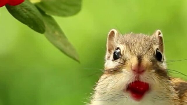 Chipmunk Eating Red Berry Close Up in Garden