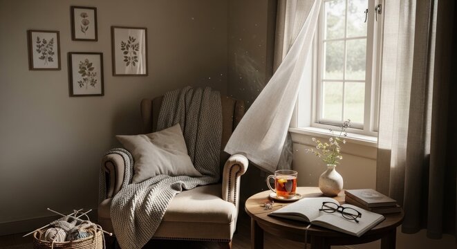 A cozy armchair with a blanket draped over it, a cup of tea on a table, and a window with a curtain, all set against a muted green wall with framed pictures.