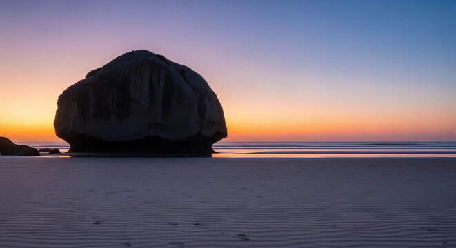 Majestic boulder on a tranquil beach at sunset, bathed in warm, colorful light with smooth ocean waves and soft sand textures, creating a serene landscape.