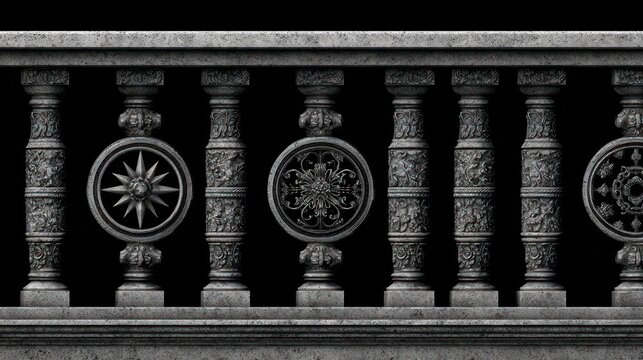 Architectural detail stone balustrade with ornamental design in monochrome