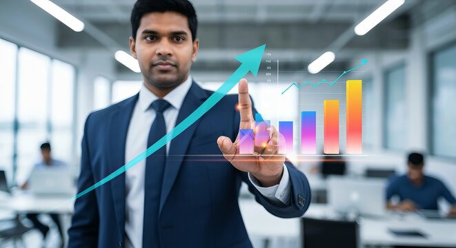 Executive Showcasing Financial Growth and Investment Strategies with Virtual Graphs and Data