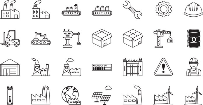 Industrial Line Icons Set &ndash; Factory, Manufacturing, Construction and Energy Outline Collection