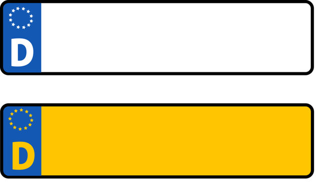 WebEuropean union vehicle license plate with blue strip and country code d on white and yellow background