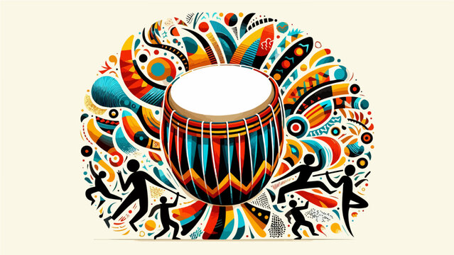 Colorful African Traditional Drum with Dancing Silhouettes and Vibrant Tribal Patterns