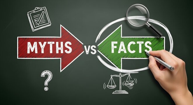 labeled MYTHS pointing left and a green arrow labeled FACTS pointing right, human hand drawing emphasis, symbol of clarification, truth discovery and fact checking