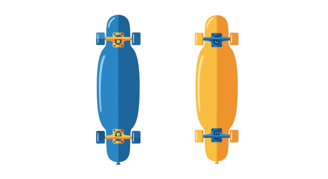 Top View Of Two Longboard Skateboards, Blue and Yellow, Isolated on White Background