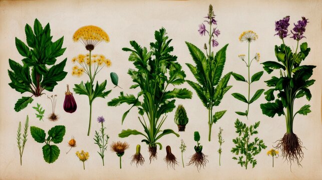 lithograph illustration of common weeds with medicinal uses: dandelion, plantain, chickweed, and nettle