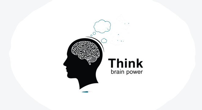 Creative concept of human mind power showing a black silhouette of a head with a complex maze pattern inside the brain.