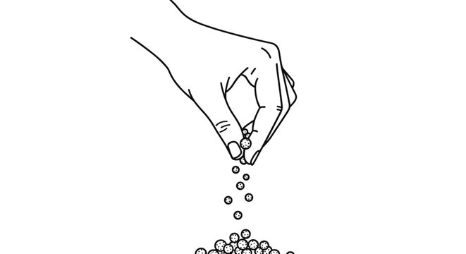 Human hand scattering small seeds or grains in a pile represents agriculture, planting, growth, and the beginning of a seasonal harvest.