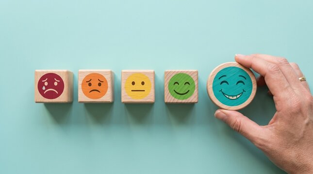 Emotional Spectrum: A hand delicately interacts with a collection of wooden blocks, each displaying a different emotive expression, portraying the breadth of human feeling. 