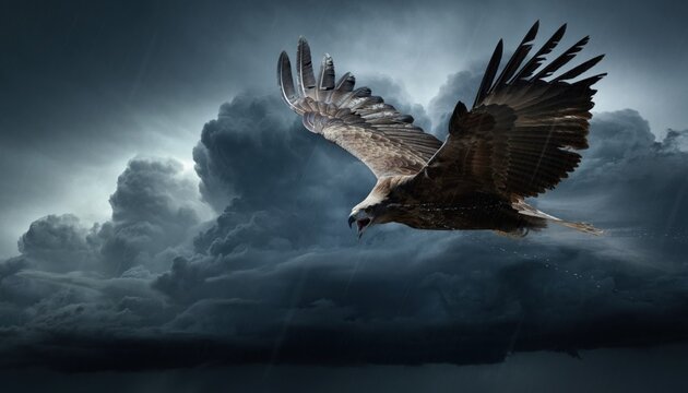 Majestic eagle in dramatic flight against dark, stormy clouds