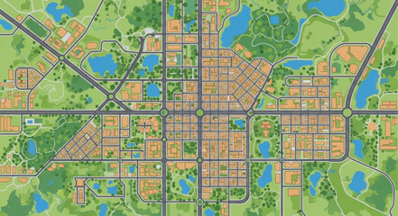 Fototapeta premium Aerial view of a meticulously planned city grid with parks and water features.