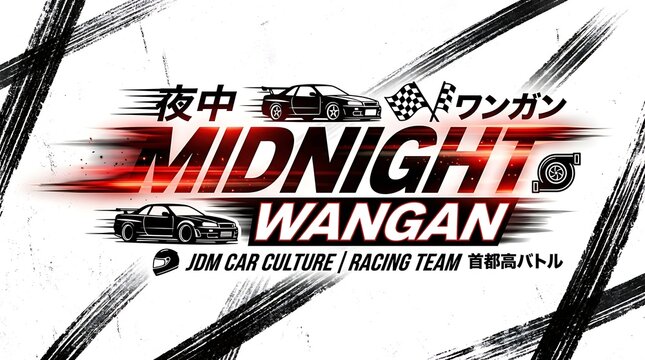 Midnight Wangan Racing Event: An electrifying visual display, capturing the essence of the exhilarating Midnight Wangan racing culture with dynamic car imagery and Japanese design elements.