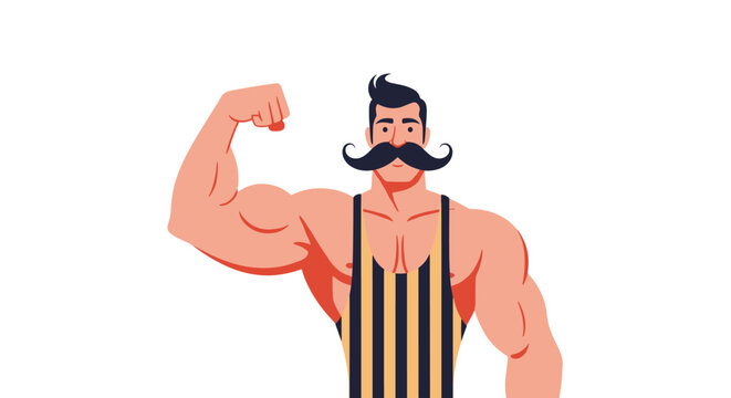 Strongman character with a large handlebar mustache and muscular physique flexing his arm in a striped wrestling singlet.
