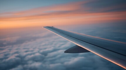 Obraz premium Wing of airplane flying above fluffy white clouds during dawn