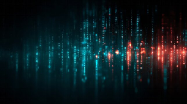 Digital data streams flow in glowing blue and red hues.