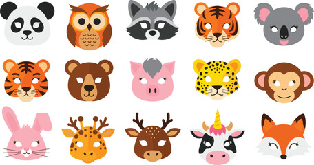 Obraz premium Collection of Cute Cartoon Animal Faces Including Panda, Tiger, Owl, Koala, and More in Vector Illustration