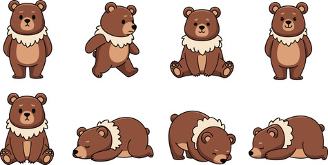 Fototapeta premium Cute Cartoon Brown Bear Character Set in Various Poses Including Walking, Sitting, Sleeping, and Standing for Kids and Nature Designs
