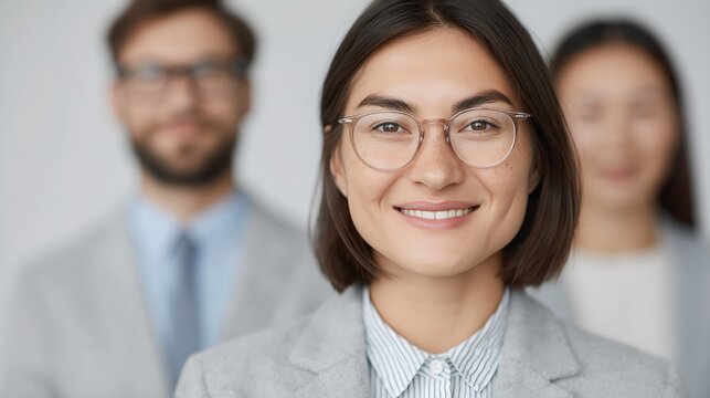 Young woman with glasses smiles directly at viewer