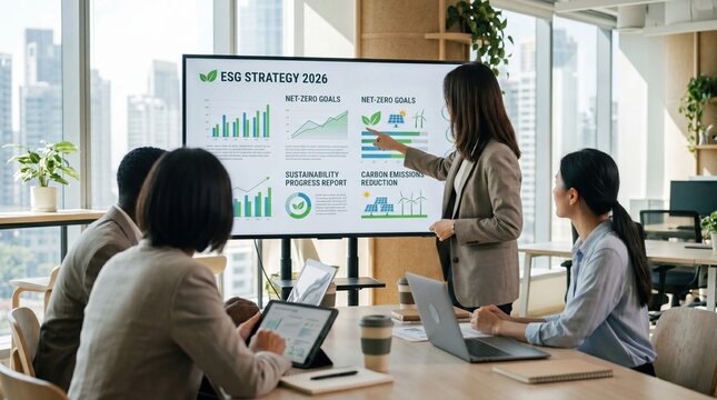 Business team reviewing ESG strategy 2026 presentation with net-zero goals and carbon emissions reduction charts, sustainability progress report displayed on large screen in
