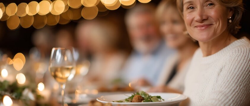 Elderly woman enjoying festive dinner with friends