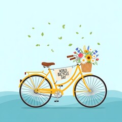 Fototapeta premium Yellow bicycle with flowers for world bicycle day