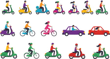 Fototapeta premium Illustration of Various Transportation Modes Including Scooters, Bicycles, and Cars with People Riding and Driving in Vector Style
