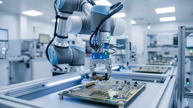 Industrial robotic arm assembling electronic circuit board, automation in smart factory manufacturing, high tech industry concept, precision engineering and artificial