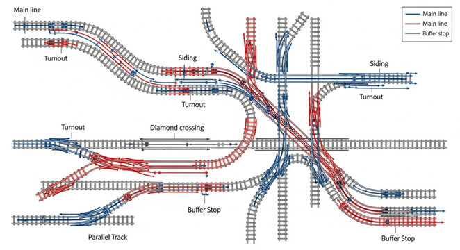 Complex Railway Junction Diagram with Multiple Tracks and Switches.