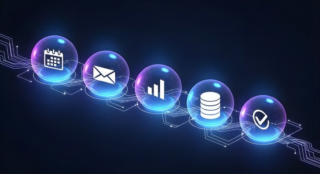 A diagonal chain of five glowing purple-blue spheres on a dark background, each displaying a business workflow icon &mdash; calendar, email, analytics, database, and verification &mdash; connected by circuits
