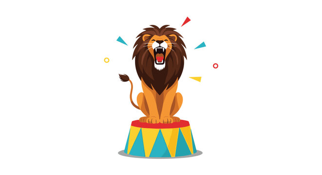 Majestic lion with a large mane sitting on a colorful circus pedestal and roaring with its mouth wide open in performance.